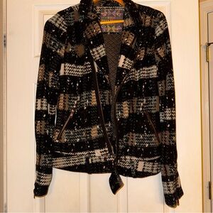 Free People Speckled Black Plaid Slant Zip Moto Jacket in Women's US 10